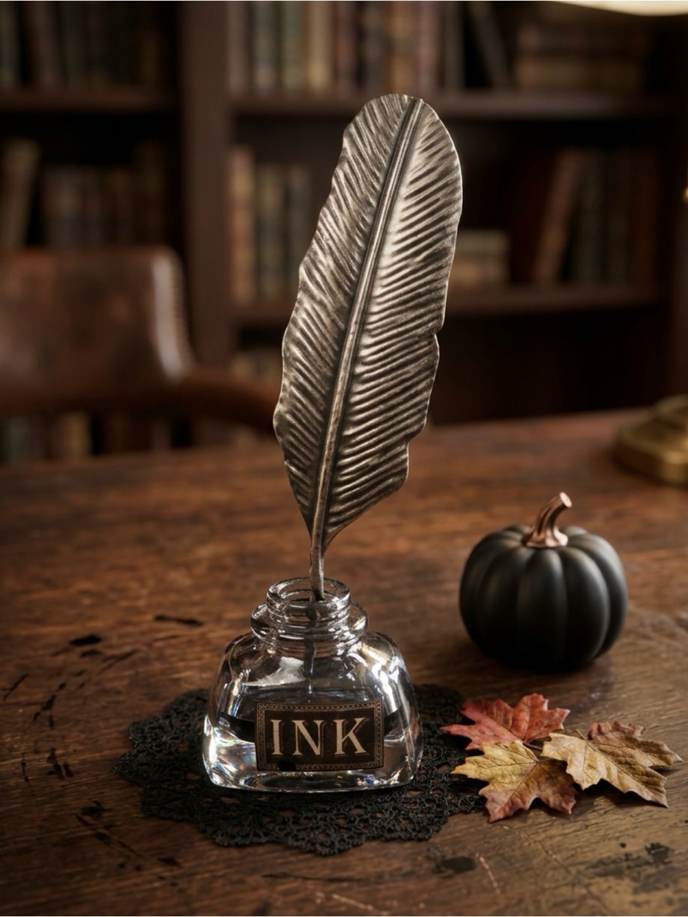 Black Ink Bottle & Metal Feather Quill Desk Decor Gothic Writing Display